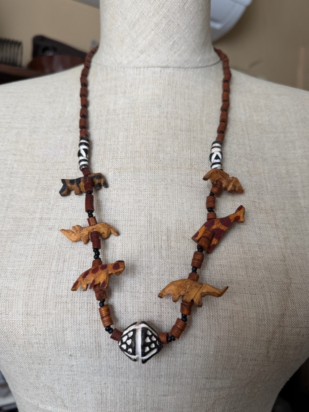Vintage African Hand-Carved Wooden Safari Animal Tribal Necklace